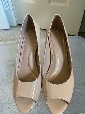 Cole Haan Beige Patent Peep-Toe Heels